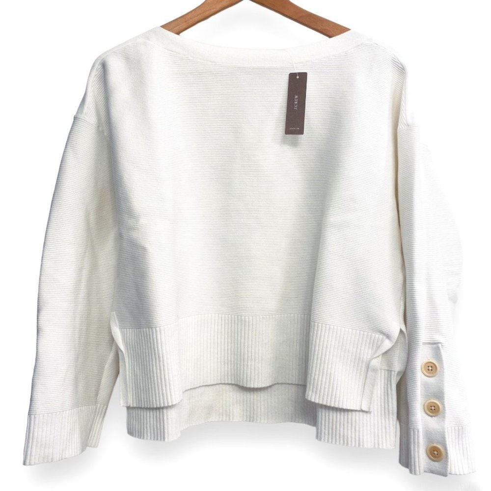 NWT J.Crew White Boatneck Ribbed Button Detail Side Slit Tennis Tail Top Size S